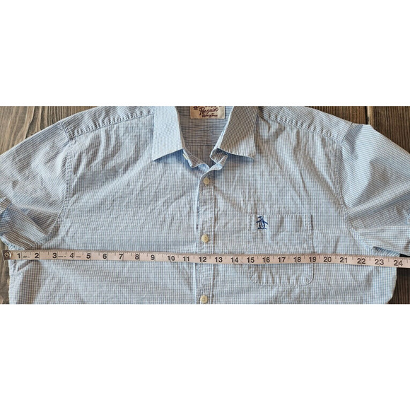 Original Penguin Mens Button Down Shirt XL Blue Gingham Logo Short Sleeve Cuffed - Picture 9 of 10
